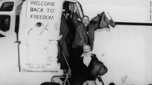 January 1981: United States hostages departing an airplane on their return from Iran after being held for 444 days.