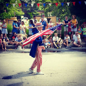 @apshel: I'm thankful for tradition. Every year in my hometown of Swarthmore PA one of the long-time residents dresses up as Uncle Sam for the 4th of July parade. The parade is very short: one block long. He loves being part of the parade and so do we. #publicsquare #psthankfulfor #unclesam #parade #4thofjuly #tradition #swarthmoreFollow #thankful #newday