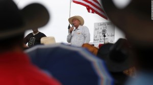 Cattle rancher Cliven Bundy talks to his supporters Friday, April 11, in Bunkerville, Nevada.