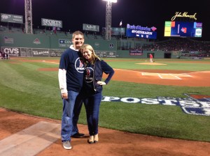 Adam Davis & Adrianne Haslet-Davis on the field at Fenway Park to yell “play ball!” at the beginning of a Red Sox playoff game. SOURCE: Adrianne Haslet-Davis/Adam Davis